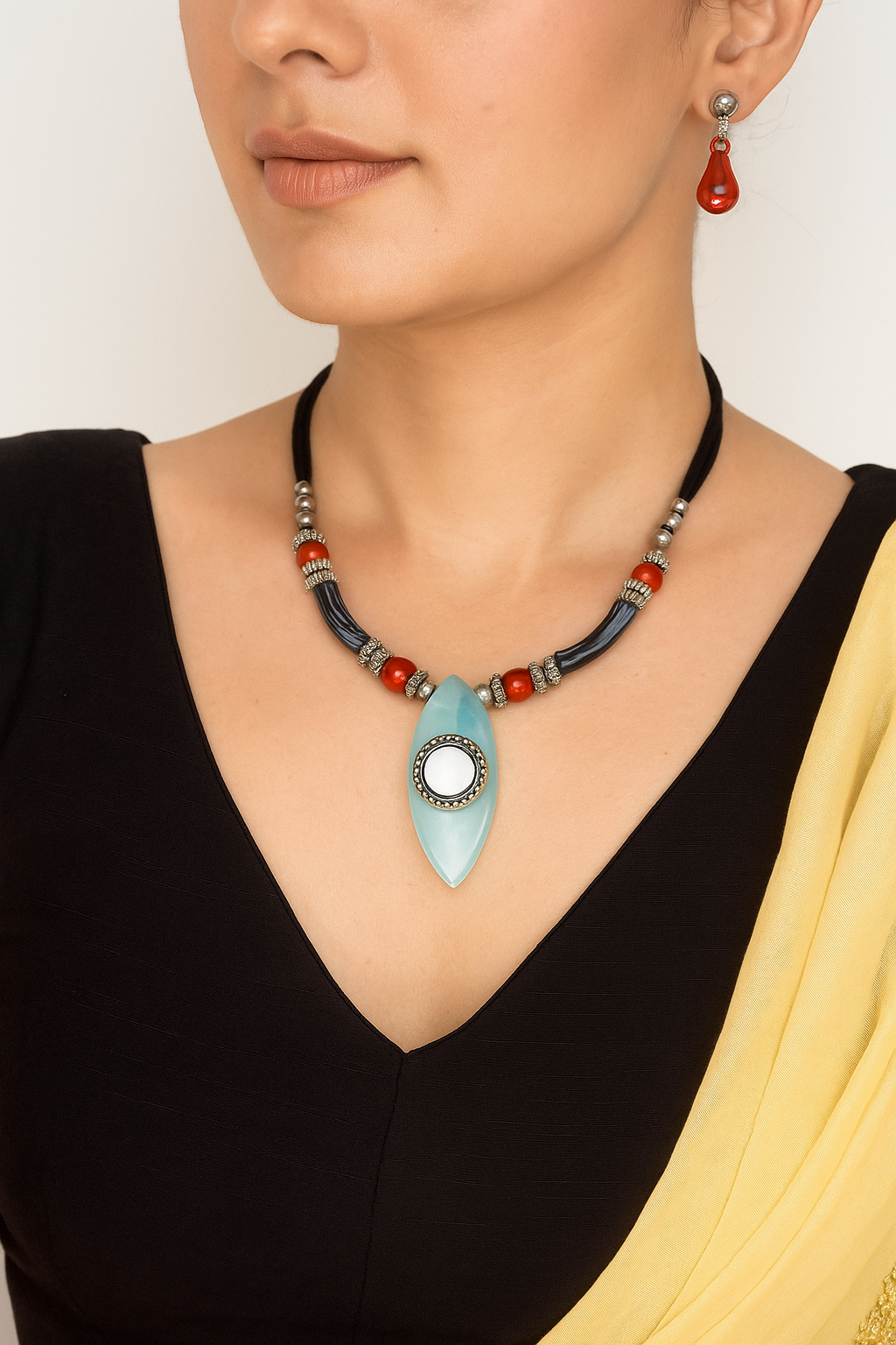 Aqua Blue Pendant Oxidized Beaded Necklace Set with Earrings